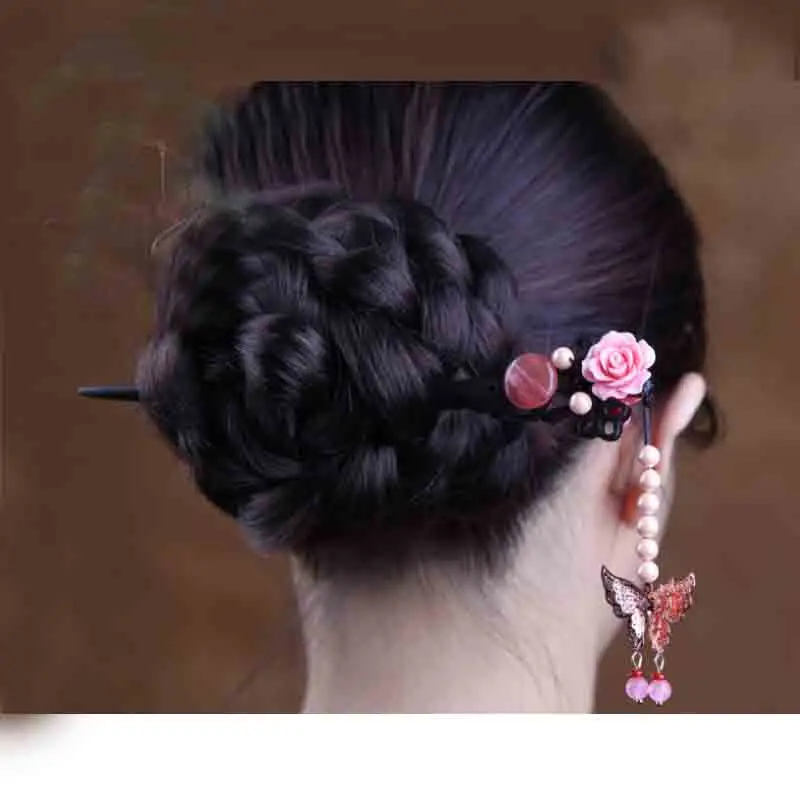 Kanzashi палочка для волос Элегантный держатель булочка черного дерева с жемчугом и кисточками китайское японское кимоно юката аксессуары для волос HS014