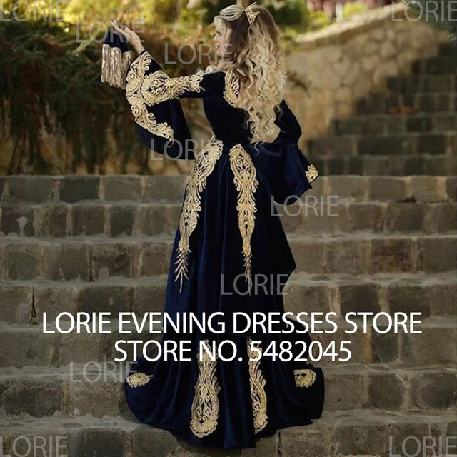 LORIE Moroccan Caftan Evening Dress 3 Pieces Remove Skirt Appliques Gold Lace Long Sleeve Mermaid Velvet Prom Celebrity Gowns 2