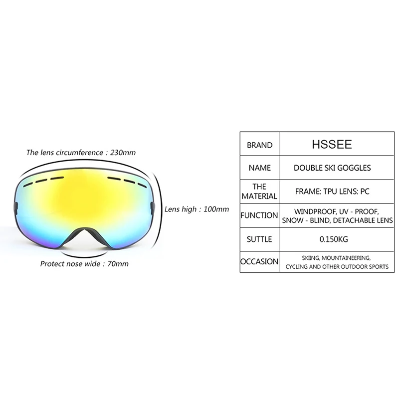 HSSEE брендовые лыжные очки двухслойные UV400 ветрозащитные противотуманные большие Лыжные маски очки для катания на лыжах Снег Сноуборд унисекс очки FJ040