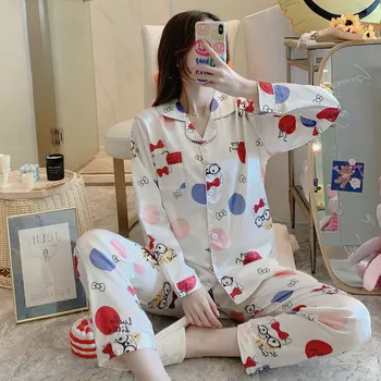 

Viscose Pajamas Women'S Autumn Winter Long Sleeve Trousers Imitated Silk Fabric Satin Air-Conditioned Room Clothing