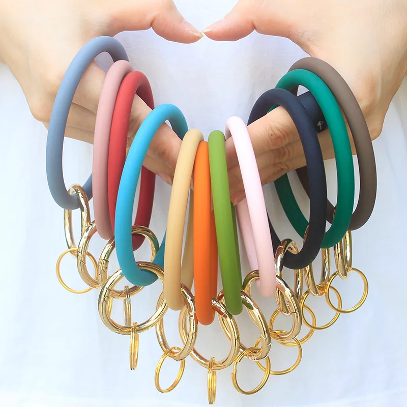 

100Pcs/Lot Colorful Silicon Bracelet Comfortable Band Key Chain Key Rings Wrist Gold Big Round Silicon for Woman Jewelry Gift