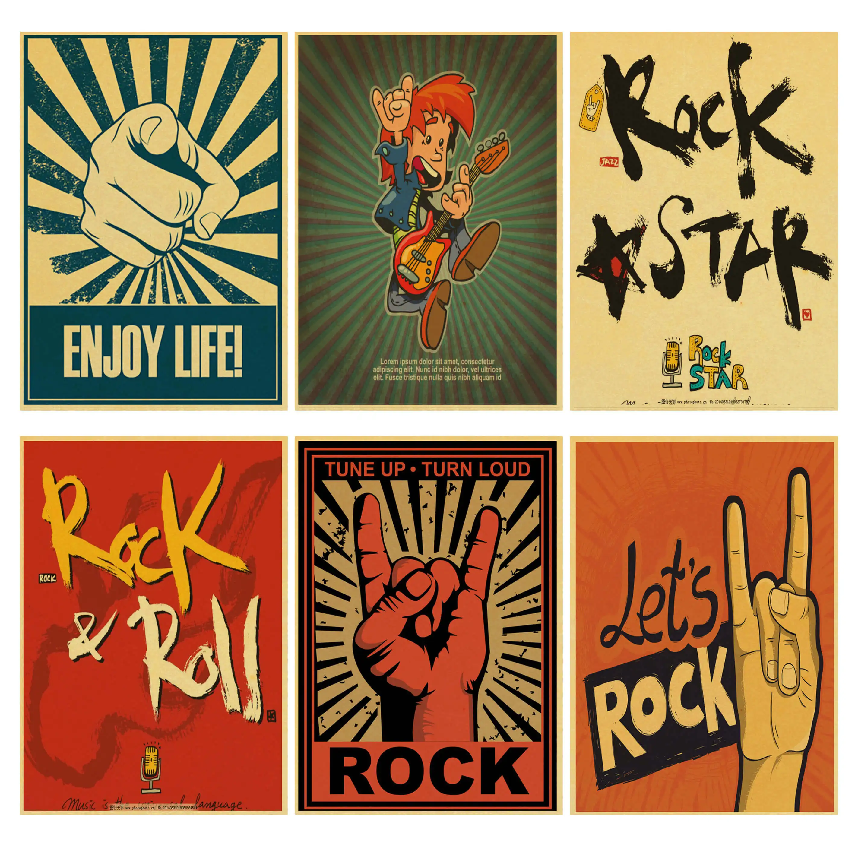 Poster Vintage Art Motivational Wall Decor Guitar Rock Gesture Tune Up Turn Loud 