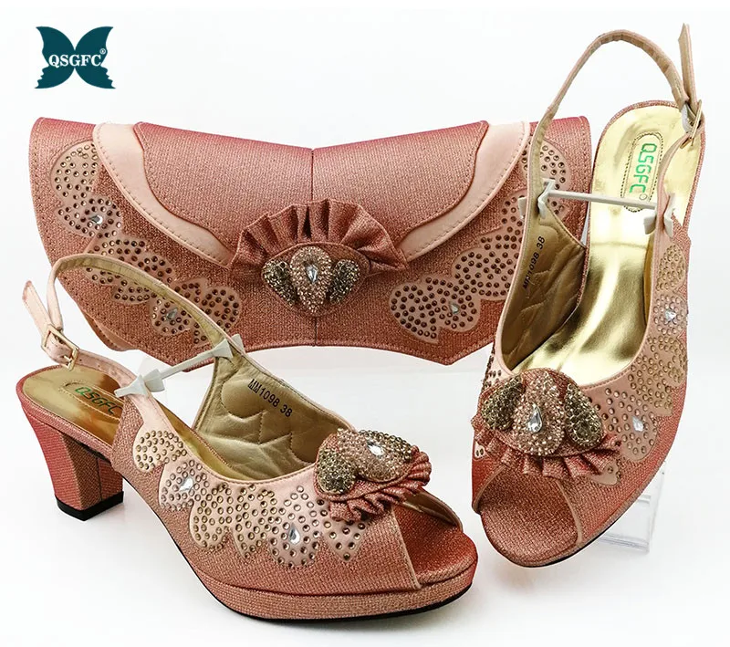 Новое поступление; женская обувь для вечеринок в нигерийском стиле; комплект с сумкой; дизайн; итальянская женская обувь и сумка в комплекте - Цвет: Peach