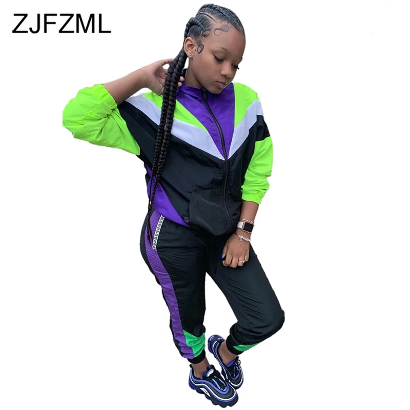 

Neon Color Stripes Sportswear Two Piece Set Track Suit Women Zipper Pockets Jacket and Pencil Pants Plus Size 2 Pcs Matching Set