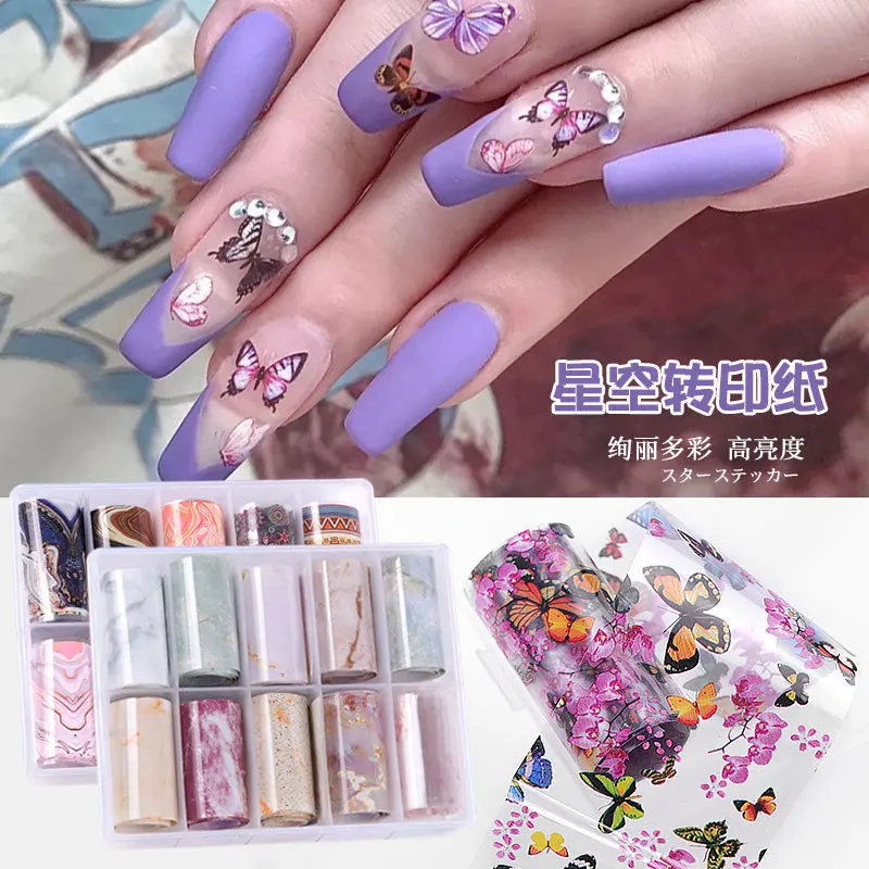 

10pcs 4*100cm Colorful Flowers Stickers Nails Foil Transfer Starry Sky Summer Sliders For Manicure Nail Art Decals Decoration