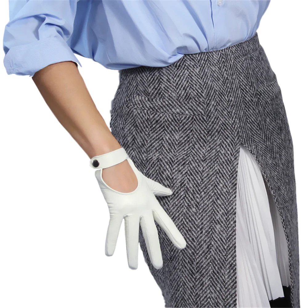 Для женщин сенсорный экран белые кожаные перчатки из чистой овчины Локомотив рука назад короткие кнопки шелковой подкладкой TBLB04