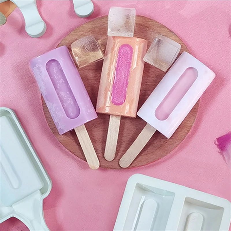 2PCS Silicone Ice Cream Mold DIY Homemade Soft Molds Freezer Juice 4 Cell Ice Cube Diamond Tray Popsicle Barrel Maker Mould Tool