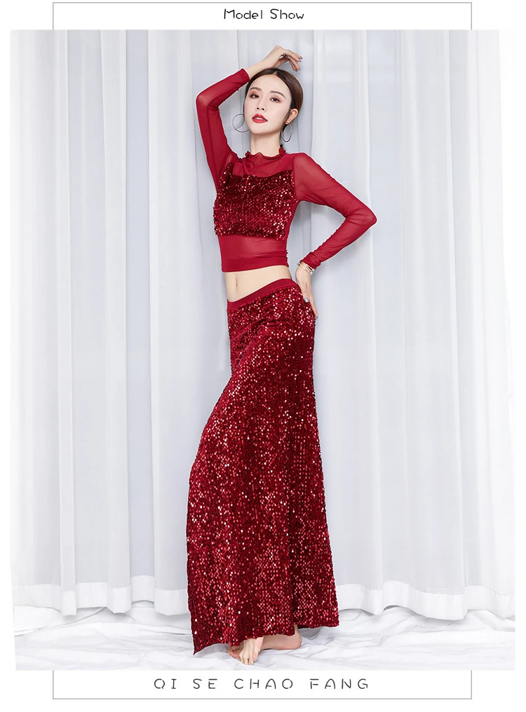 Belly Dance Costume For Women Oriental Bellydance Practice Clothes Sequined Sexy Split Dancing Dress 2-piece Set Girls Dancewear