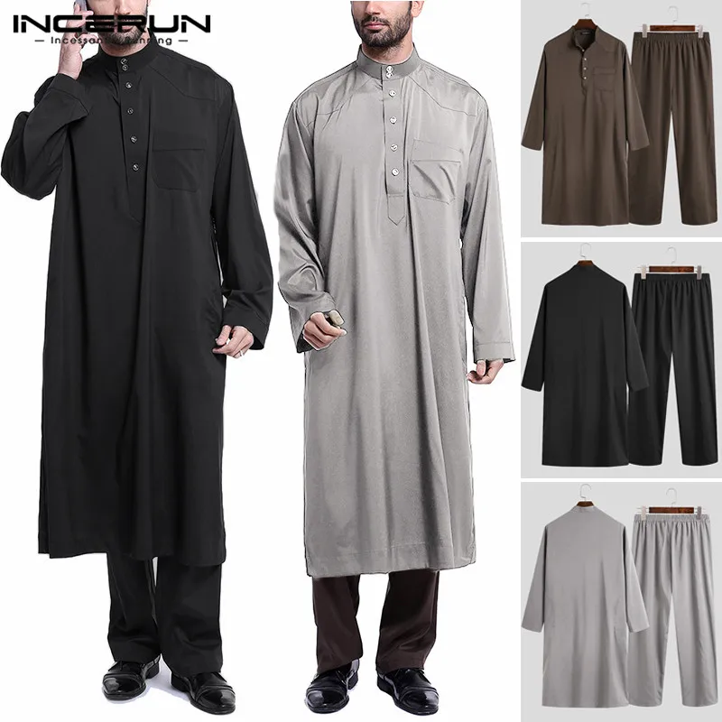 INCERUN Men Muslim Sets Jubba Thobe Long Sleeve Solid Color Robes Pants 2 Pieces Fashion Islamic Arabic Kaftan Mens Suits S 5XL