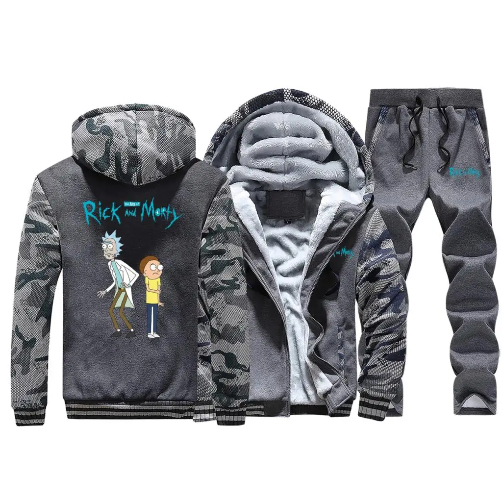 Dark Gray Лидер продаж! Зимние камуфляжные толстовки Рик и Морти, теплые флисовые толстовки с капюшоном, Мужское пальто, толстые куртки, теплый костюм+ комплект из 2 предметов, штаны - Цвет: Dark Gray