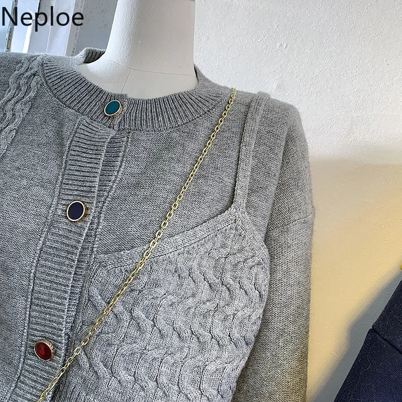 Neploe, ложные топики с круглым вырезом, дизайнерский вязаный свитер, кардиганы, однотонный однобортный длинный рукав, Женское пальто, плиссированное, Casaco 48182
