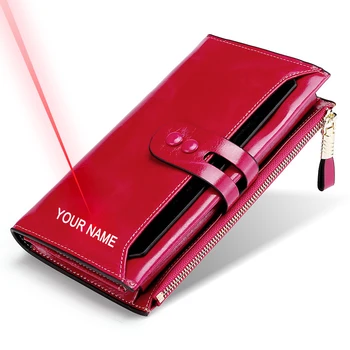 

Personalised Woman Retro Oil wax Genuine Leather Wallet Free Engraving Name RFID Long Style Money Case Card Holder 6 Color