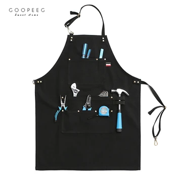 

GOOPEEG export waterproof cotton canvas work apron lazy hanging neck multi-pocket barber welding coffee milk tea custom LOGO