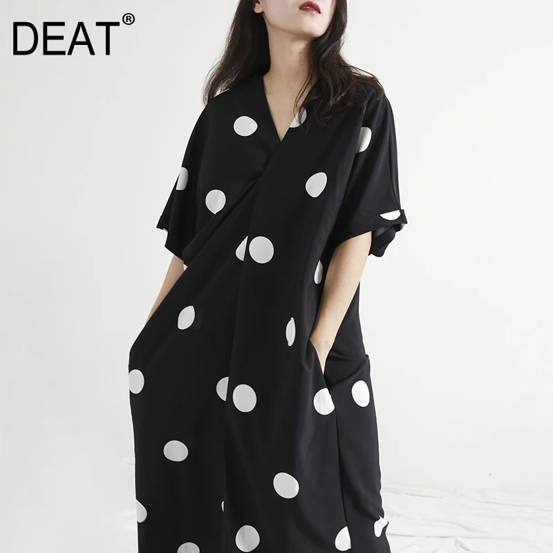 

[DEAT] 2019 New Autumn Winter V-Neck Half Sleeve Brief White Dot Hit Color Pockets Loose Pleated Dress Women Fashion Tide 13D243