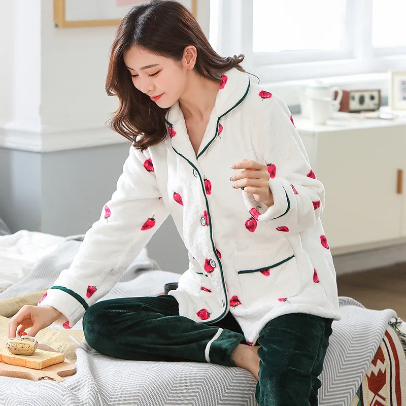 Winter Plush Ladies Pajamas Long Sleeve Lapel Solid Color Plus Size Nightshirts and Nightpants Home Two-piece Clothing