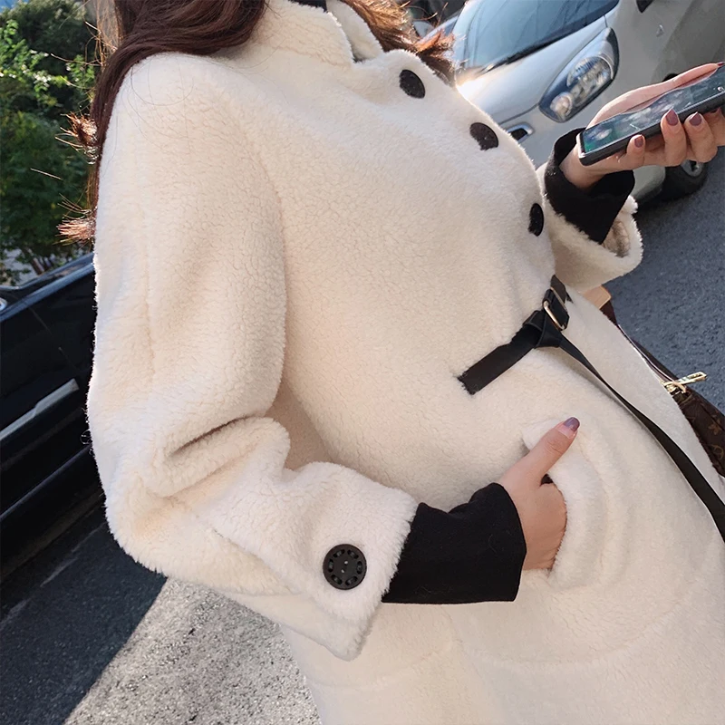 MISHOW Winter Thick Solid Standing collar Lambswool Coat Women Causal Single-breasted Belt Warm Fur Jacket MX19D8329 - Цвет: Бежевый