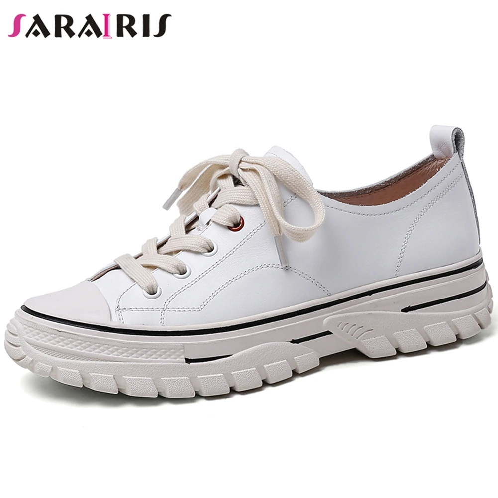 

SARAIRIS Brand Fashion Female Lace Up Genuine Leather Consise Round Toe Flats Spring Autumn Office Flats Women Shoes Woman