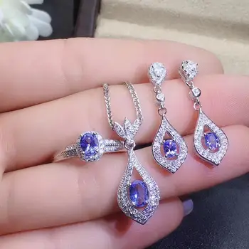 

Free Shipping Natural Tanzanite jewelry set Natural Real Tanzanite 925 sterling silver 1pc pendant,1pc ring ,2pcs Earring
