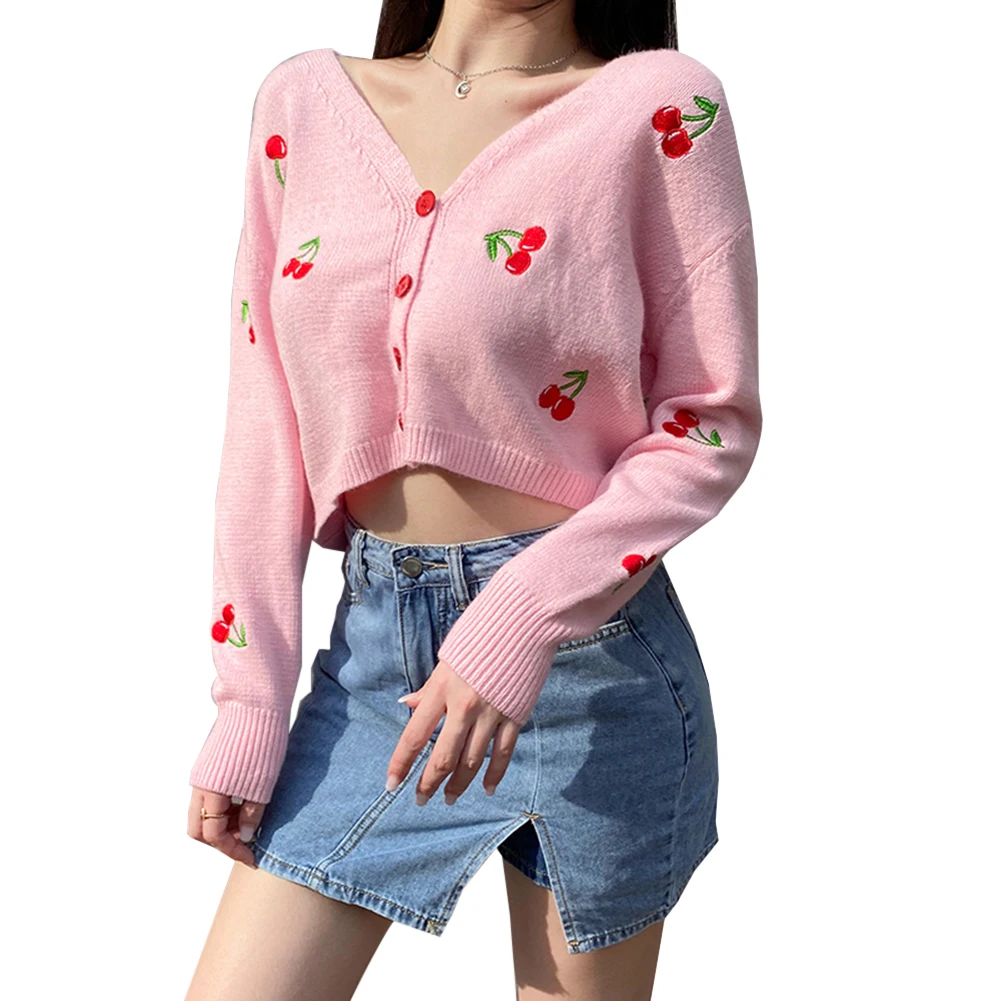 Cute Cherry Print Knit Sweater Cardigan Preppy Style V Neck Long Sleeve  Tops Sweet Casual Streetwear Autumn New Sweater|Cardigans| - AliExpress