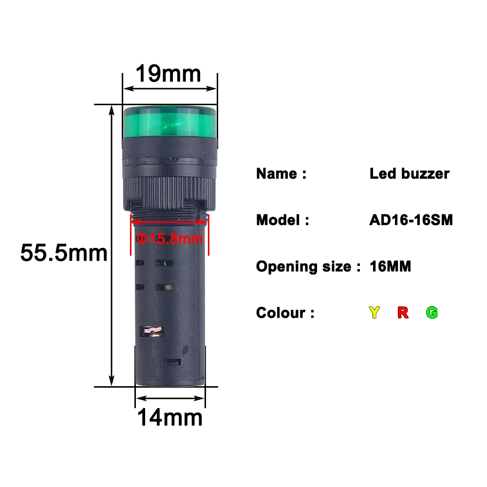 Indicateur LED avec Son 12V 24V 230V Lampe Buzzer Rouge Alarme 16mm 22mm