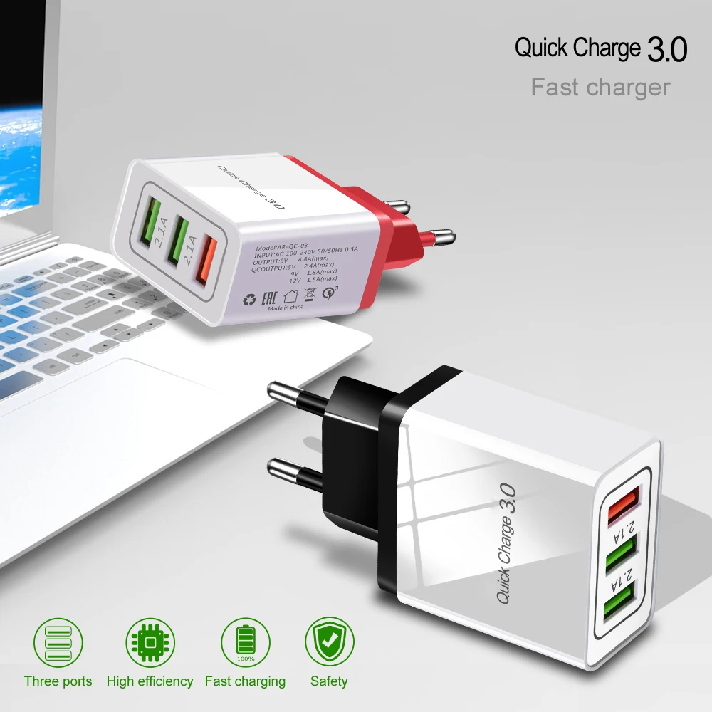 QC 3,0 USB зарядное устройство с 3 портами 5V3A EU US Plug Adapter traverl wall quick charge 3,0 для iPhone samsung Xiaomi зарядное устройство для мобильных телефонов