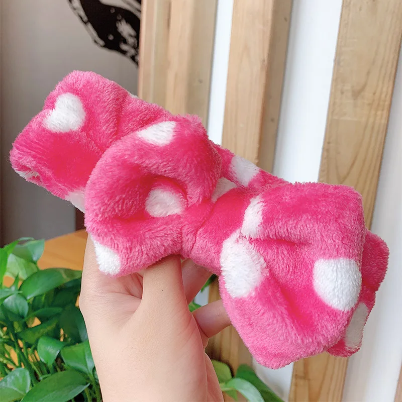 Корейская мода, коралловый флис, бант, повязка на голову для женщин, в горошек, в полоску, для мытья лица, макияж, мягкие эластичные ленты для волос Детские аксессуары для волос для девочек - Цвет: S-6 Rose Red Dot