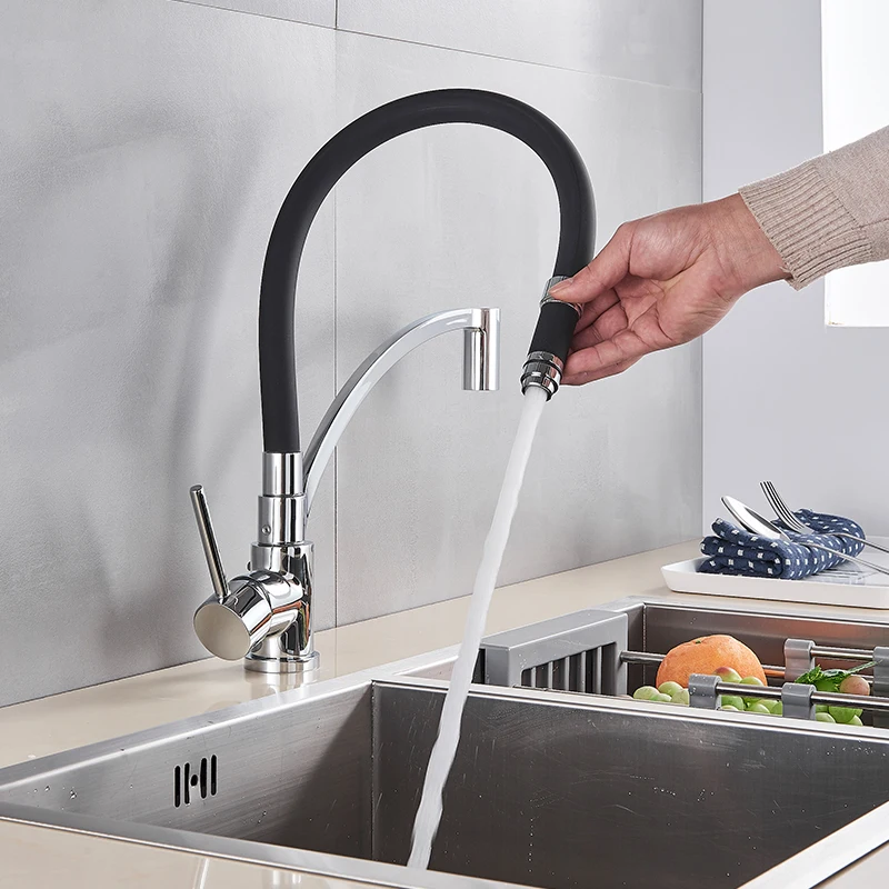 ChromeKitchen Faucet  Rotatable  Deck Mounted Ceramic Valve Hot and Cold Mixer Tap  Stainless Steel Black  Rotate at Any Angle,