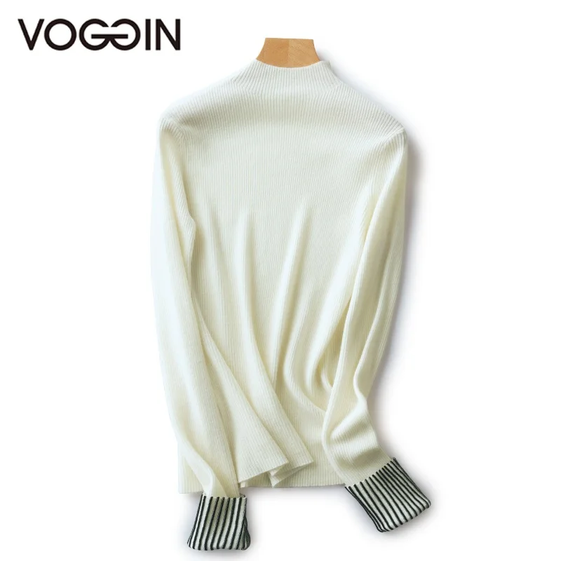 

VOGGIN Stand collar Women pullovers Roll Neck Merino 100% wool Sweaters color matching Ladies Autumn White sweater new arrival