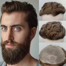 YY Wigs Men's Toupee Human Hair Replacement System#30R Brown Color Human Hair Toupee for Men 6 Inch Curly 120% Density Mens Wig