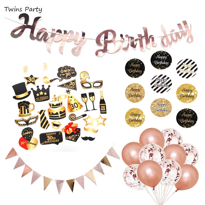

Twins Party Rose Gold Banner 30th 40th 50th Adults Happy Birthday Sticker Photo Booth Props Mask DIY Event arty Decor