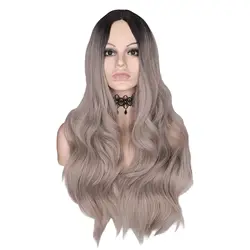QQXCAIW длинные натуральные волнистые парики для женщин черные Омбре пепельные серые волосы средняя часть термостойкие синтетические волосы