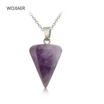 

WOJIAER Natural Stone Pendant Hexagonal Conical Pendulum Rough Tiger Eye Pink Quartz Lapis Crystal Necklace Accessories ZBM054