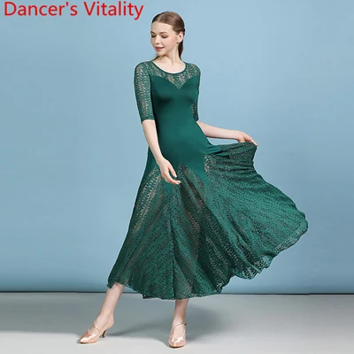 Only Dress as Photo Adult Modern Dance Clothes National Standard Dance Wear Lace Splicing Big Hemlines Dress Ballroom Waltz Jazz Dancing Costume - Цвет: Only Dress as Photo