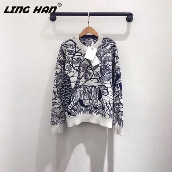 

LINGHAN spring sketch pattern delicate embroidery headband cashmere blended sweater high quality casual long-sleeved sweater