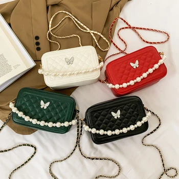 

Women Handbag Butterfly Fashion Shoulder Crossbody Bag Lattice Pattern Pearl Square Bag Chain PU Ladies Chain Messenger Bag 2021
