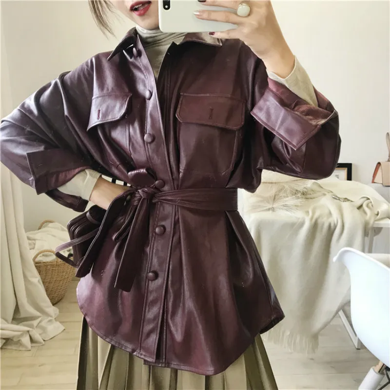 

High Waist Loose Woman Leather Jacket Pocket Long 2019 Autumn Vintage Fur Leather Clothings