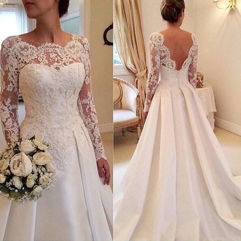 

Fanty Jewelry Neck Long Sleeves Lace Applique Bodice Court Train Wedding Dress Open Back Sexy Bridal Gowns vestido de noiva