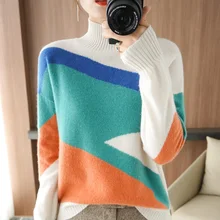

100% Pure Wool Sweater Women's Fall/Winter 2021 New Half-High Collar Color-Block Pullover Women Loose Warm All-Match Knitted Top