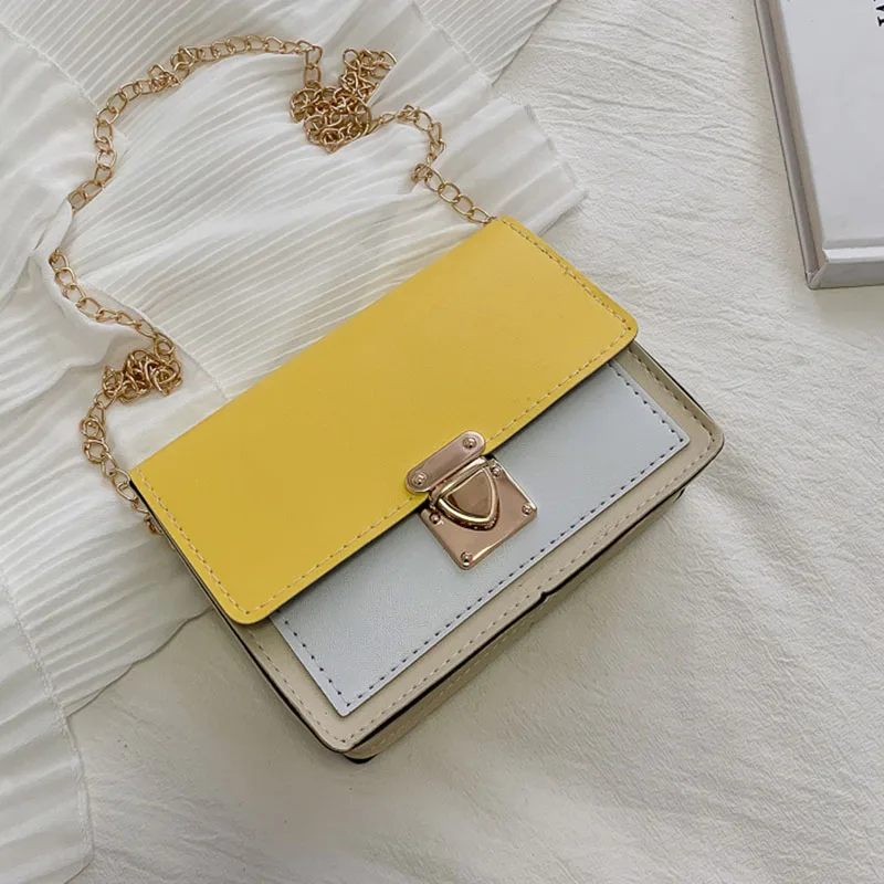 E yellow with white Mara's Dream Women's New Zipper Small Square Bag Korean Version Of The Tide Contrast Color Slanting Shoulder Bag Chain Bag - Цвет: E yellow with white