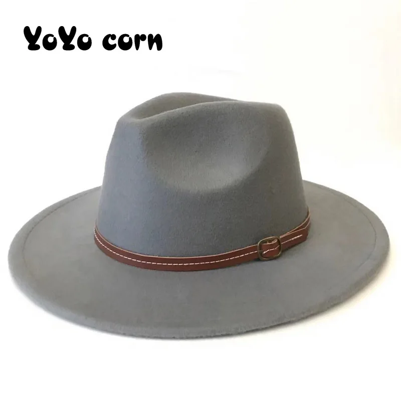 

YOEOCORN Yellow belt hat European American Caps Bowler Hat Feminino Gorra Imitation Woolen Women Men Ladies Fedoras Top Jazz cap