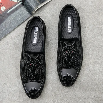 

Men's Fashion Rhinestone Black Party Wedding Shoe Pointed toe flats Nightclub stage Shoes Loafers Male British style wild shoes