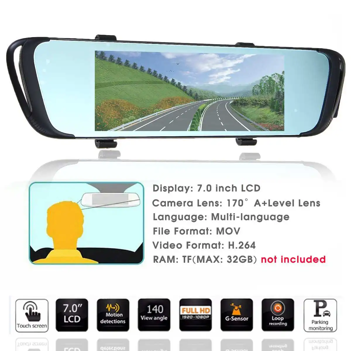 1080P 7 дюймовый DVR автомобиля Камера Двойной объектив Dash Cam автомобиля Зеркало заднего вида Камера цифрового видео Регистраторы Авто наблюдение за парковкой