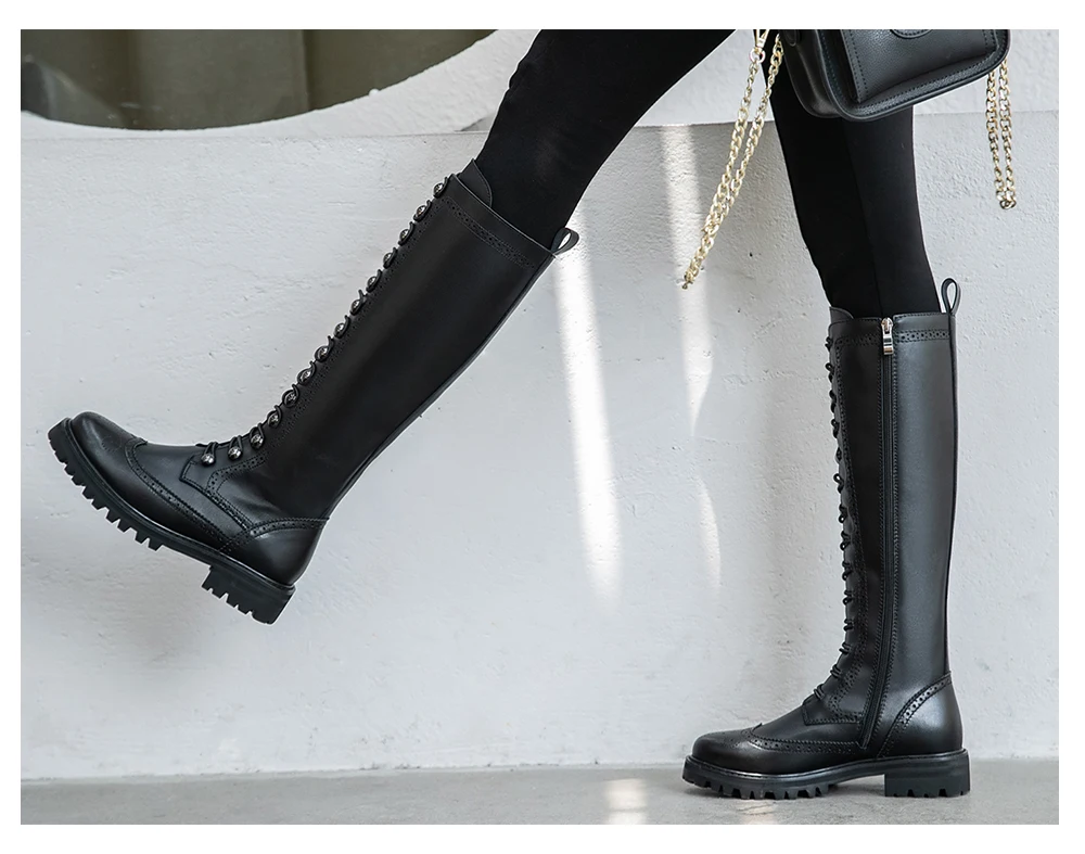 JSI Winter Women Boots Knee-High Round Toe Zip Ladies Shoes Genuine Leather Square Heel High Heel Zipper Solid Women Boots jo307