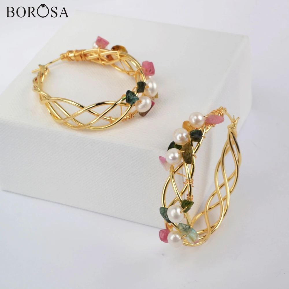 3Pairs Earring BOROSA, 3 пары золотых колец, серьги-кольца с натуральным жемчугом, серьги-капли с цветным камнем, новинка, серьги-кольца, ювелирные изделия для женщин WX1317 - Окраска металла: 3Pairs Earring