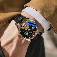 Orhood Reloj de pulsera automático para hombre, accesorio masculino resistente al agua con correa de Corium, tallado hueco, de marca superior, a la moda