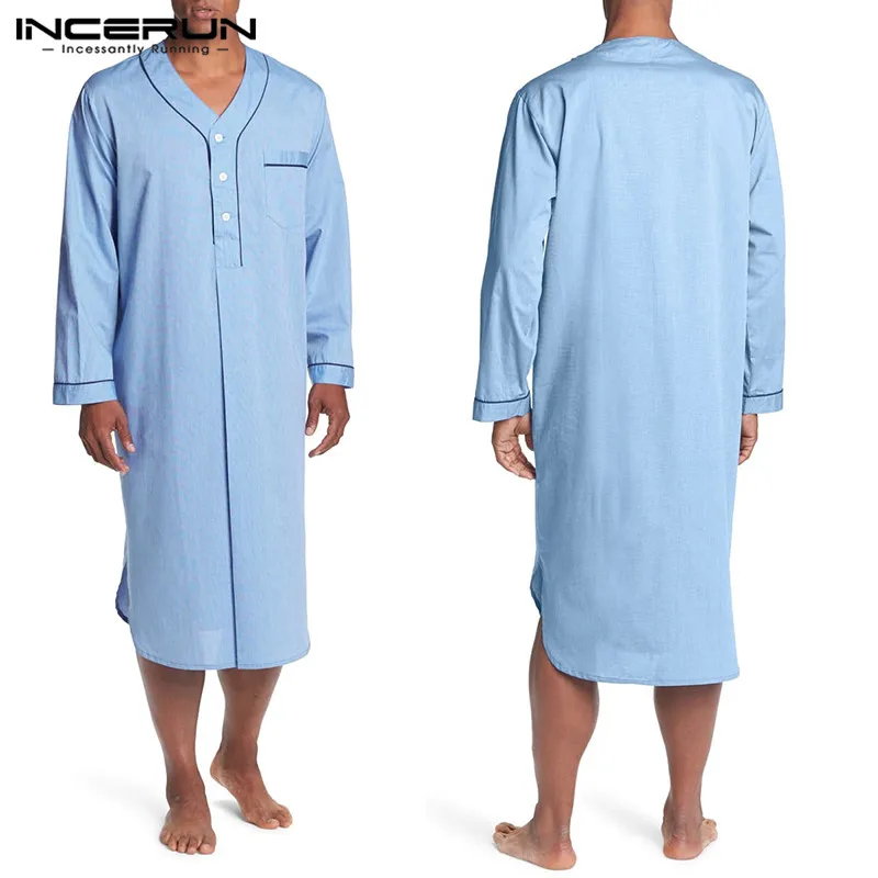 

2020 Men Long Sleeve Sleep Robes Homewear V Neck Button Cozy Bathrobe High Quality Leisure Mens Pajamas Nightgown Dress INCERUN