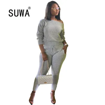 

Sexy O Neck Knitted Tracksuit Two Piece Set Autumn Winter Long Sleeves Crop Tops And Long Tight Pants 2 Piece Outfits For Women