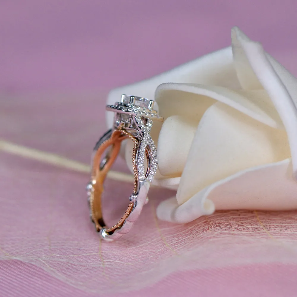 TransGems, 14 K, 585, белое и розовое золото, центр, Круглый, 0.5ct, 5 мм, F цвет, Муассанит, обручальное кольцо с ореолом для женщин