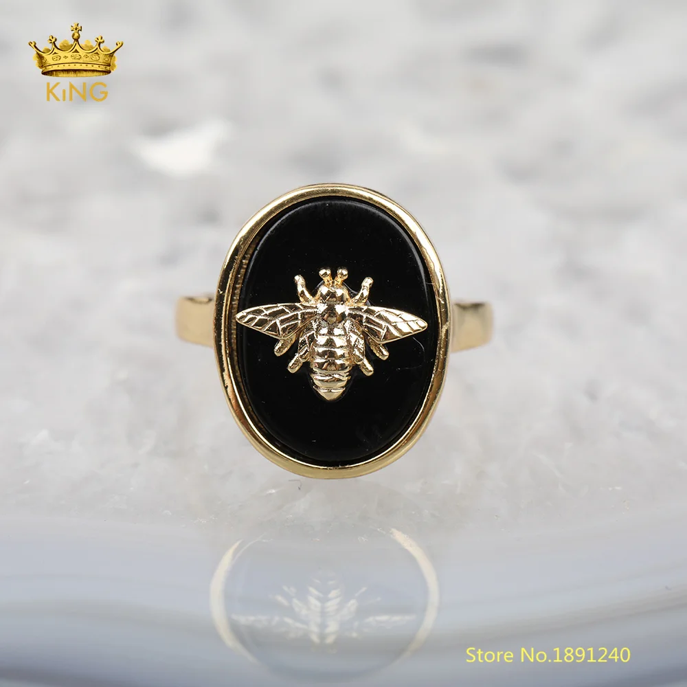 Black Agate 5 шт. овальные золотые ювелирные кольца, натуральный Амазонит Лабрадорит Агаты кварцевые кольца, проложили пчела очарование Простые Кольца для женщин подарок - Цвет основного камня: Black Agate