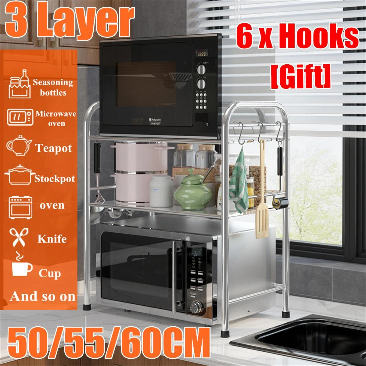 3 Layers Thicken Stainless Steel Kitchen Rack Microwave Oven Shelf Home Bathroom Organizer Rice Cooker Storage Rack With 6 Hooks Storage Holders Racks Aliexpress